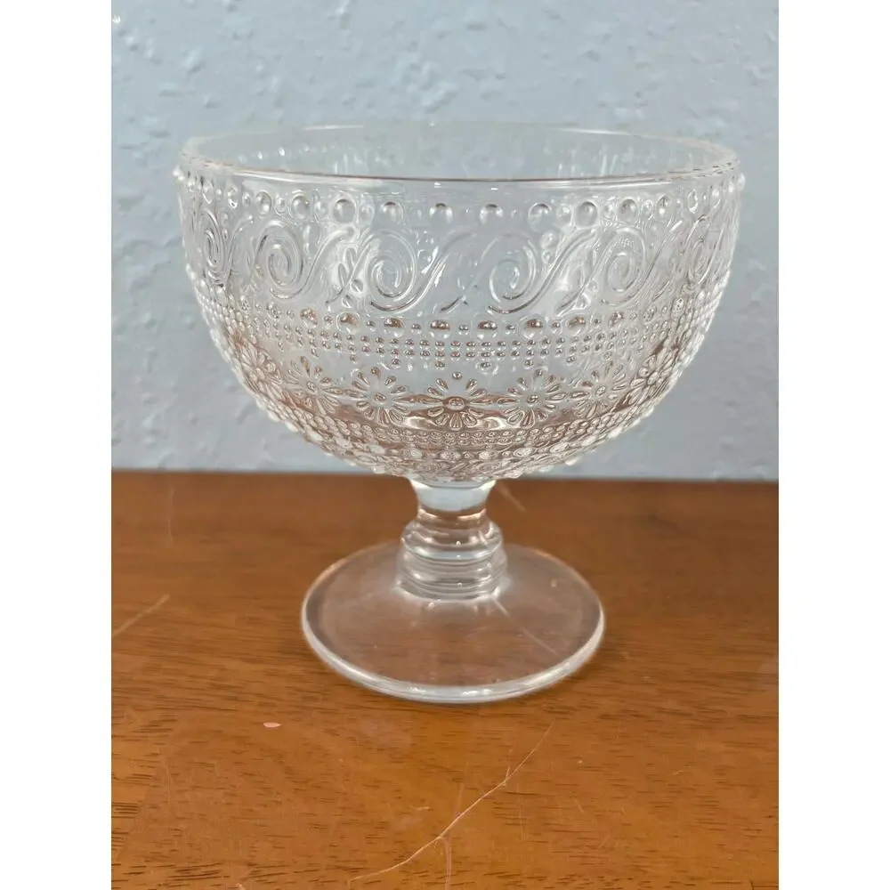 VTG Clear Pressed Glass Footed Sherbet Dessert Cups Set 4 Embossed Daisy Swirl